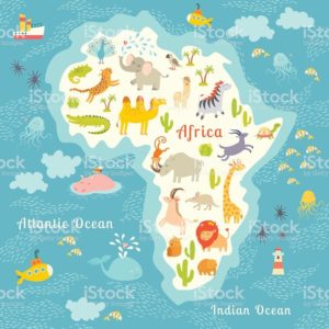 Animals world map, Africa. Beautiful cheerful colorful vector illustration for children and kids. With the inscription of the oceans and continents. Preschool, baby, continents, oceans, drawn, Earth